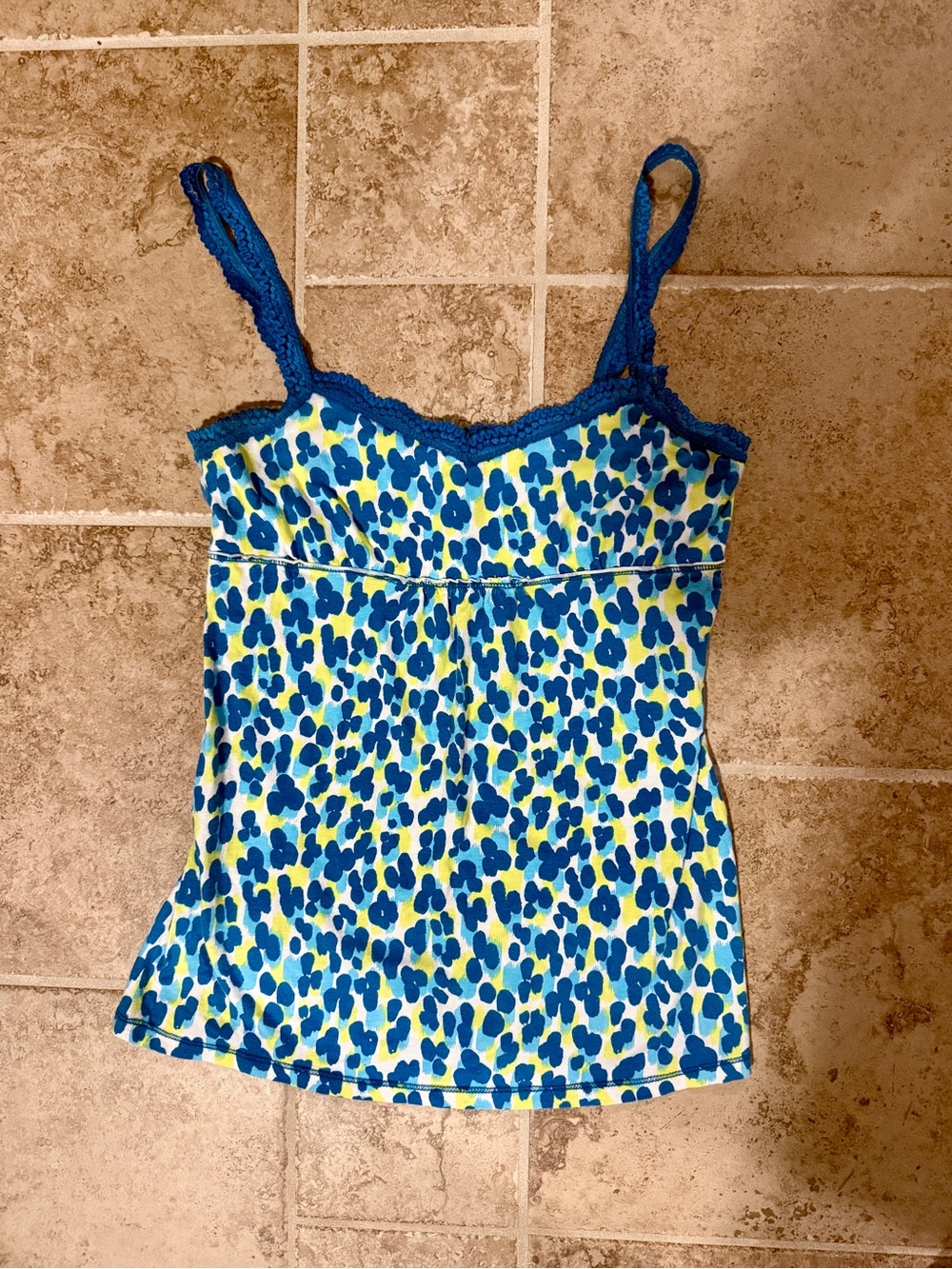 Y2K Blue & Yellow Printed Lace-Trim Cami Top